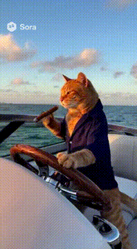 AI generated video: クルーザーを運転しながら葉巻をふかす猫