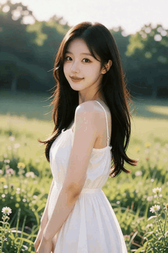 AI generated video: A young woman in a white dress stands in a field of wild flowers and smiles…