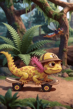 AI generated video: The salamander, a glossy, lemon-yellow spotted neotenic salamander with…