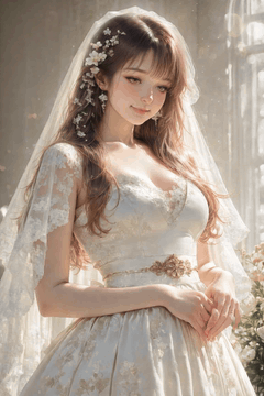 AI generated video: A young bride stands serenely, her veil and hair gently swaying in a soft…