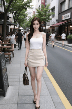 AI generated video: A woman walks along a sidewalk in the city center,, As the surrounding…