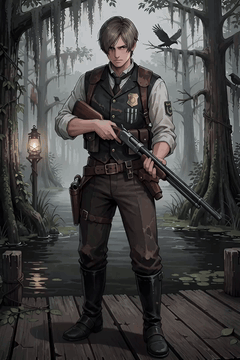 AI generated video: illustration of Leon Kennedy as a Hunt: Showdown 1896 hunter, standing on a…