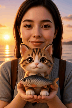 AI generated video: woman mid shot in a small, simple, cuddly felt fat kitten holding a fish in its…