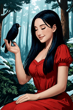 AI generated video: Snow White picking apples in a forest glade, classic blue, yellow, and red…