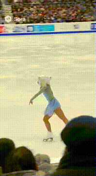 AI generated video: 这是一段在运动会赛场上的前排观众席拍摄的视频，视频中可以看到，一名花滑运动员正在完成他的花样滑冰比赛，同时她的肩膀上有一只白色的猫，猫艰难地维持在她的肩膀，随着…
