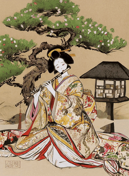 AI generated video: The a beautiful geisha, dressed in a high quality kimono, sits in a Japanese…