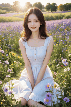 AI generated video: A young woman sitting in a flower garden smiles and sits still,, Flowers and…