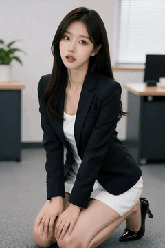 AI generated video: A business woman kneeling in the office slowly tilts her upper body, The long…