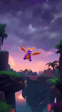 Видео, сгенерированное нейросетью: Spyro soars through a storm-lashed canyon at dusk, purple eyes blazing with…