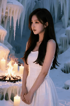 AI generated video: A woman in a white dress stands in an ice cave and turns her head, The bonfire…