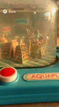 AI generated video: A tiny supermarket inside an old 1980s Aquaplay toy.