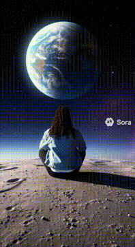 AI generated video: Third person over-the-shoulder view, @alexiaadana sits alone on the surface of…