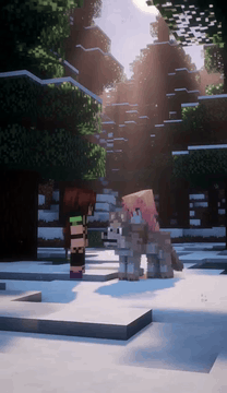 AI generated video: minecraft, mc, girl playing with a wolf in the snowy forest,