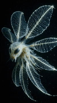 AI generated video: 10-second continuous shot. The translucent deep-sea organism drifts slowly…