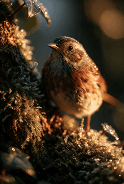 AI generated video: An eight-second long scene: The dunnock hops through the moss and picks a bit…