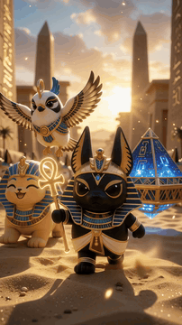 AI generated video: Single continuous dynamic backward-tracking camera glide, lavish Egyptian myth…