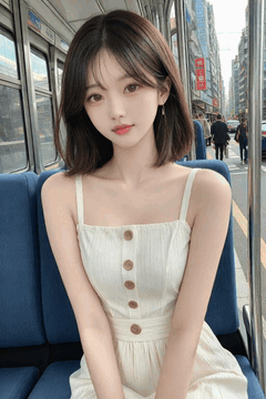 AI generated video: a young woman is sitting on a city bus seat, A bus runs along the city streets…