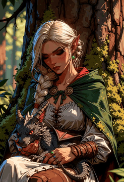 AI generated video: woman with long, blonde hair and pointed elf-like ears, sitting against a…