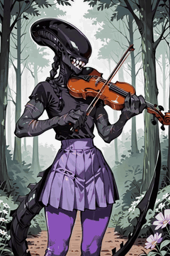 AI generated video: xenomorph playing fun violin music