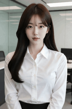 AI generated video: A woman in the office stands still and stares straight ahead, her long hair…