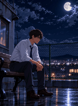 AI generated video: z1os, 100% anime, cinematic Japanese school rooftop at night. An adult man with…