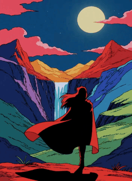 AI generated video: safarieyes, The cloak and hair slowly wave in the wind and the waterfall…