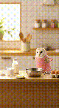 Видео, сгенерированное нейросетью: @imaima24.lampowl メンフクロウのあずきちゃん(エプロン着用)はキッチンで明日はひな祭りなのでひな祭り用のケーキを作っている、joyful、…
