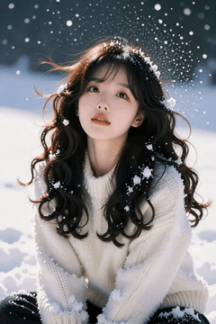 AI generated video: A woman is sitting in the snow and snowflakes are constantly falling around…