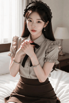AI generated video: A woman in a maid suit sits on the bed and moves her fingers lightly, The sun…