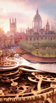 AI generated video: An elegant miniature clockwork map of Regency-era London emerging from ornate…