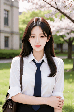AI generated video: A woman is standing under a cherry tree looking at the camera,, Her long hair…