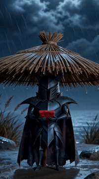 AI generated video: HCSM, handcrafted stop-motion, miniature cinematic, a dark armored puppet…