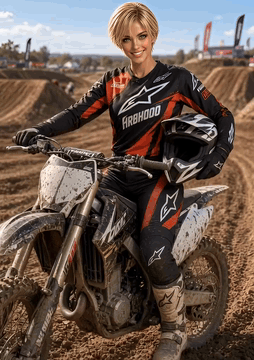 AI generated video: She puts her helmet on her head using both hands, adjusts the chin strap of the…
