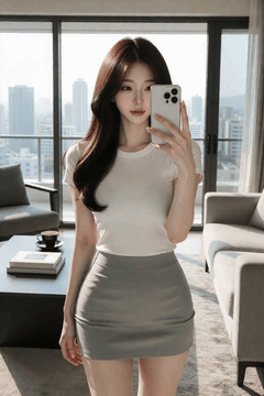 AI generated video: A young woman takes a selfie in front of a mirror, Long hair shakes slightly…