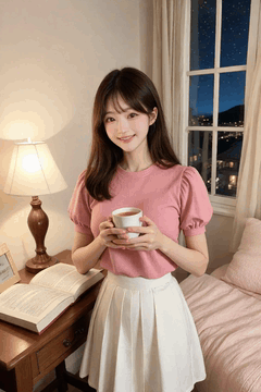 AI generated video: A woman is holding a teacup and smiling, The curtain swings slightly in the…
