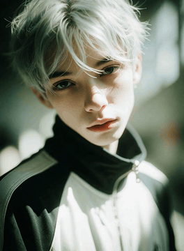 AI generated video: A man stands outdoors in soft, natural light, blinking as a gentle breeze lifts…