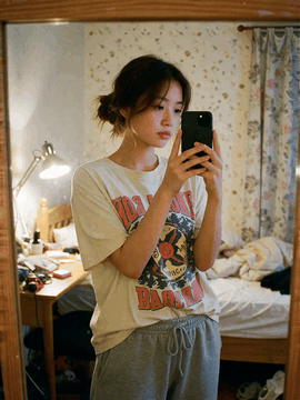 AI generated video: fixed camera ,she adjust her hair then fixes the shirt thats in her pants…