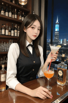 AI generated video: A female bartender sits at the bar counter and holds a cocktail glass, Night…