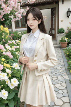 AI generated video: a dark brown haired woman is standing in the garden path and looking at the…