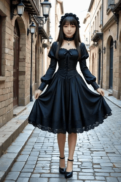AI generated video: Capture a slow, graceful twirl of the woman in a black dress, emphasizing the…