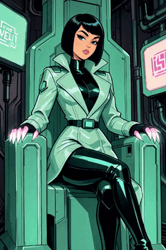 AI generated video: cyber-noir vigilante, high-gloss trenchcoat fused with retractable armor…