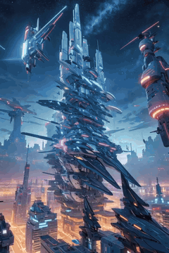 AI generated video: A massive futuristic city. A massive tower of machinery is glowing faintly. LED…