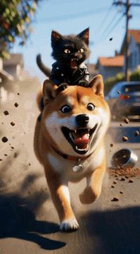 AI generated video: 10-second hilarious cinematic chase video, Pixar-style 3D animation look…