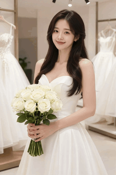 AI generated video: The bride in a wedding dress is holding a bouquet and smiling, the wedding…
