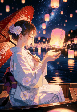 Видео, сгенерированное нейросетью: A dreamy anime illustration comes to life. At night on a wide river, a girl in…