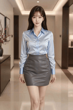 AI generated video: A young woman walks slowly down the hall, Her long hair swings with her steps…