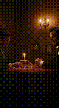 AI generated video: A dimly lit 1860s parlor at night lit by warm gaslight, tarot table between…