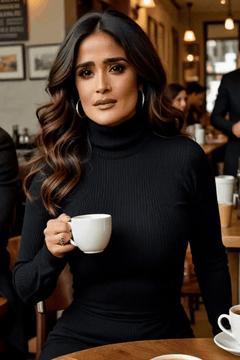 AI generated video: she sips coffee, smiles warmly