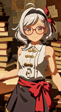 AI generated video: b0twC1tr0n, a white-haired girl in round red glasses wearing a sleeveless white…