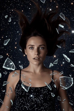 AI generated video: Mid-shot, a woman with glowing freckles and silver eyes, suspended mid-air as…